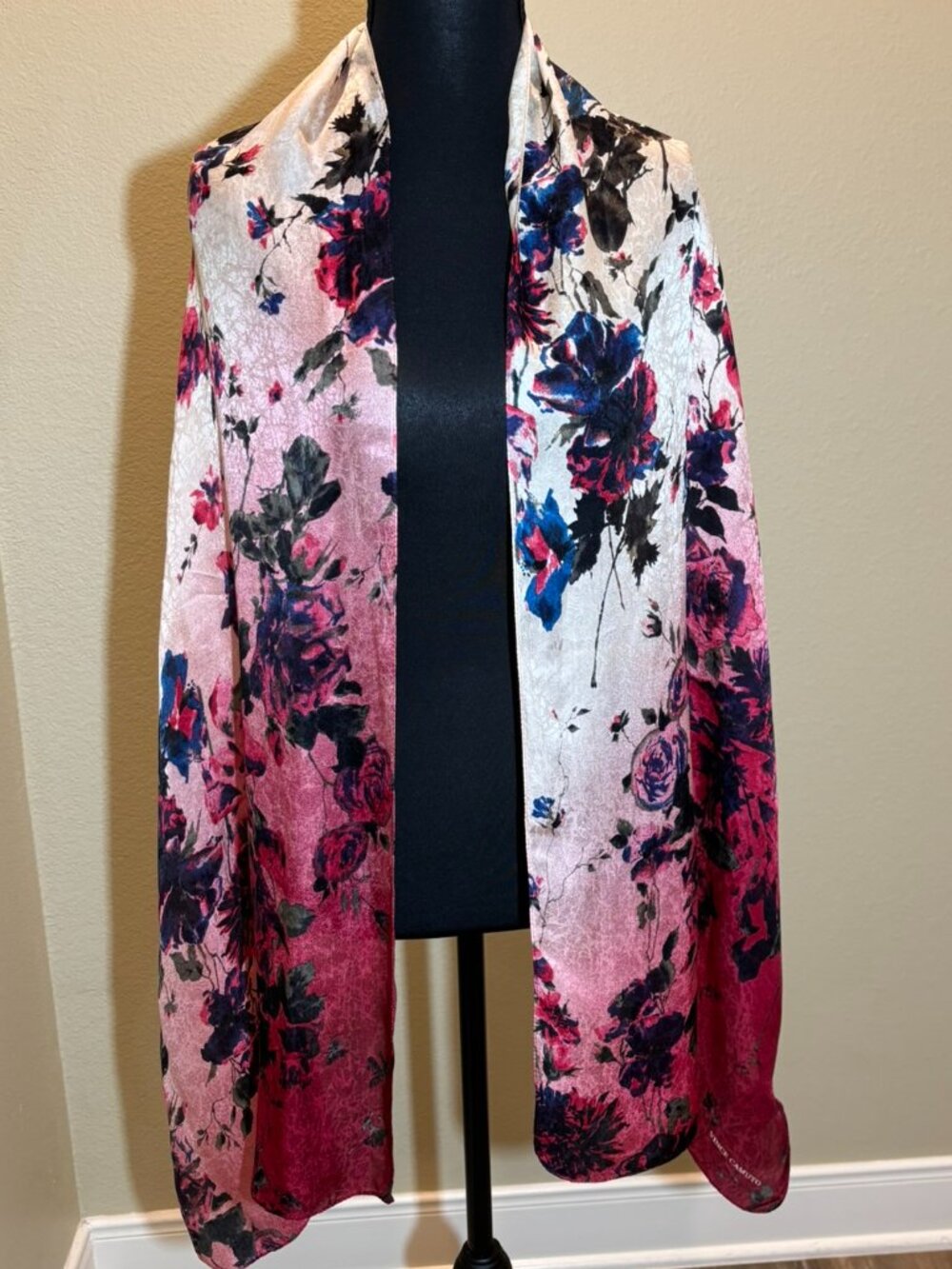 Vincent Camuto Red Pink Black Floral 100% Silk Wrap Scarf